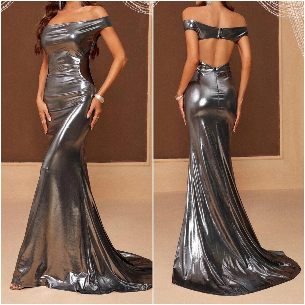 Luxe Metallic Off Shoulder Open Back Evening Formal Party Dress - Picture 1 of 5